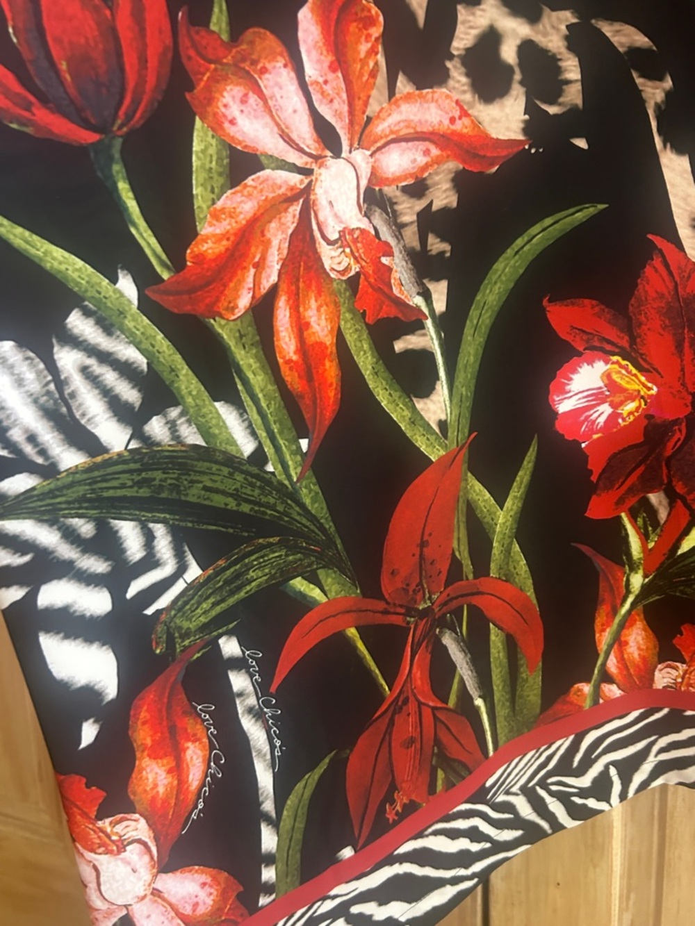 Chico's Black Floral Poncho with Red & Green Accents and Zebra Trim NWT S/M - Picture 8 of 8
